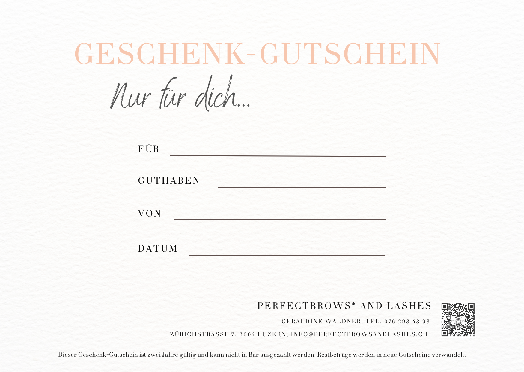 Rückseite des Gutscheins mit Platz für deine persönliche Widmung